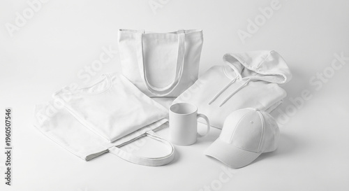Blank white casual apparel collection bundled together perfect for custom retail merchandising concept and modern fashion brand clothing promotion