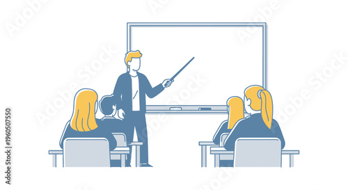 Teacher leading class at whiteboard, students learning in classroom, modern education concept