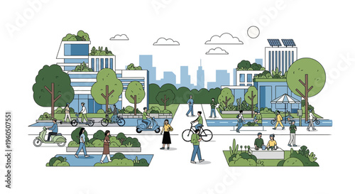 Eco-friendly city illustration: sustainable urban life with green buildings and active people