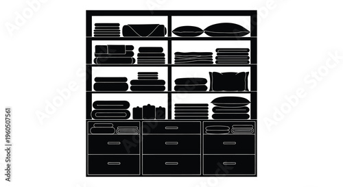 A black silhouette depicts neatly folded linens and storage within a modern shelving unit silhouette high quality professional