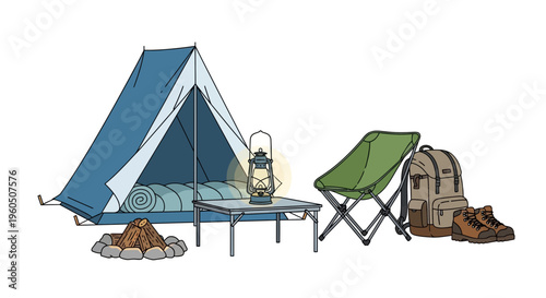 Camping Gear Setup: Tent, Lantern, Chair, Backpack, Fire Pit