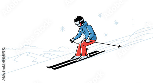 Winter skier descending snowy slope, winter sports, active lifestyle, outdoor recreation, blue sky