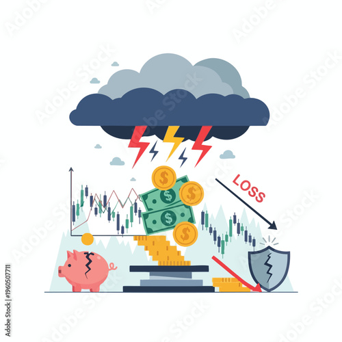 Stormy financial chart with falling coins, bills, cracked piggy bank, and broken shield