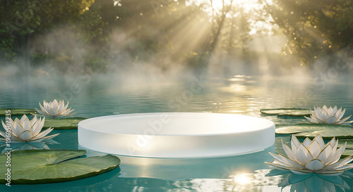 Blank white podium floating on misty serene lotus pond at sunrise perfect for natural cosmetic presentation and tranquil organic beauty showcase
