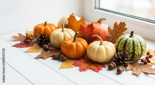 Rustic autumn arrangement with mini pumpkins and colorful leaves perfect for seasonal thanksgiving concept and traditional fall harvest decoration