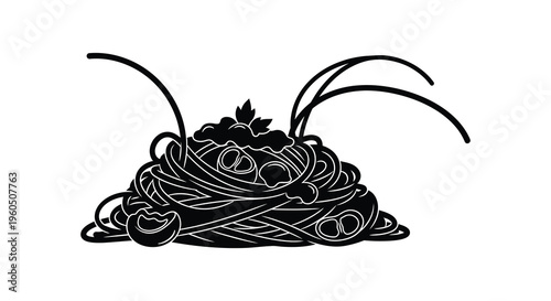 A striking black silhouette depicts a mound of spaghetti with lemon slices and herbs evoking italian cuisine silhouette