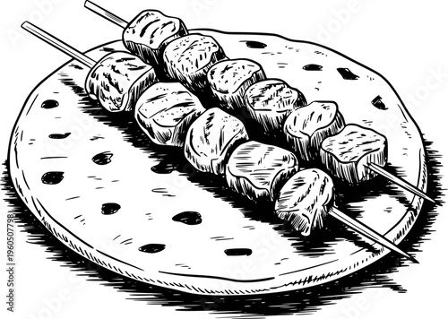 Hand Drawn of Meat Skewers Flatbread with Transparent Background food kebab