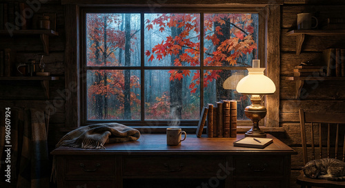 Cozy dark study room looking through window at rainy autumn forest perfect for peaceful indoor relaxation concept and quiet nostalgic literature