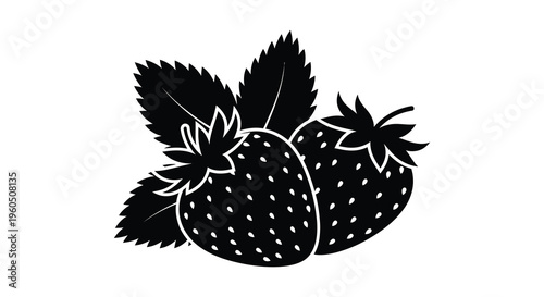 A striking black silhouette depicts three ripe strawberries with leafy greens showcasing a minimalist botanical illustration silhouette