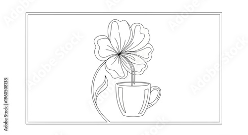 Single Line Drawing: Flower Blooming into Coffee Cup, Minimalist Art