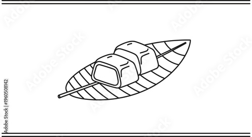 Skewer of Grilled Tofu Cubes on a Leaf - Minimalist Line Art Food Illustration