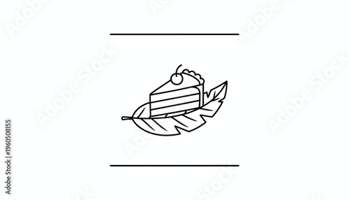 Slice of Cake with Cherry on Leaf, Minimalist Line Art