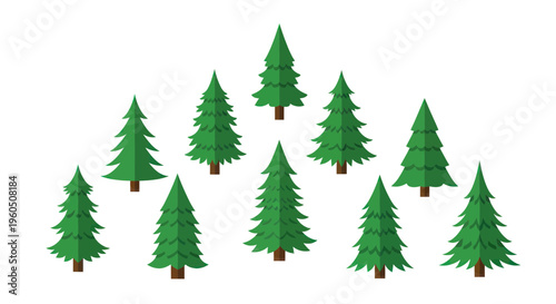 Green Christmas Trees Collection Isolated on White Background