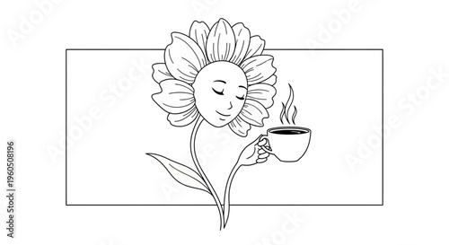 Smiling Flower with Coffee Cup, Morning Brew, Relaxing Moment, Black and White Line Art