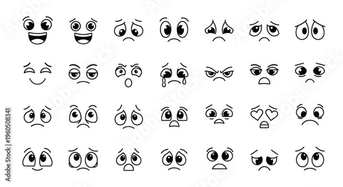 Collection of Cartoon Faces Expressing Different Emotions - Vector Illustration
