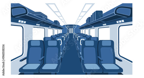 Empty Train Interior with Blue Seats and Overhead Compartments, Perspective View