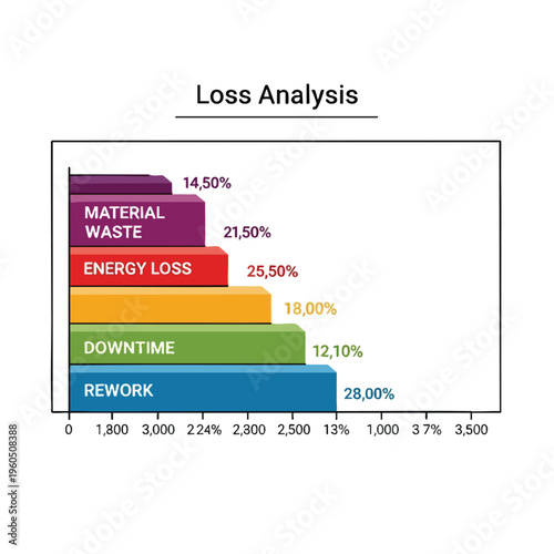 Horizontal bar chart showing rework, downtime, energy loss, and material waste as losses