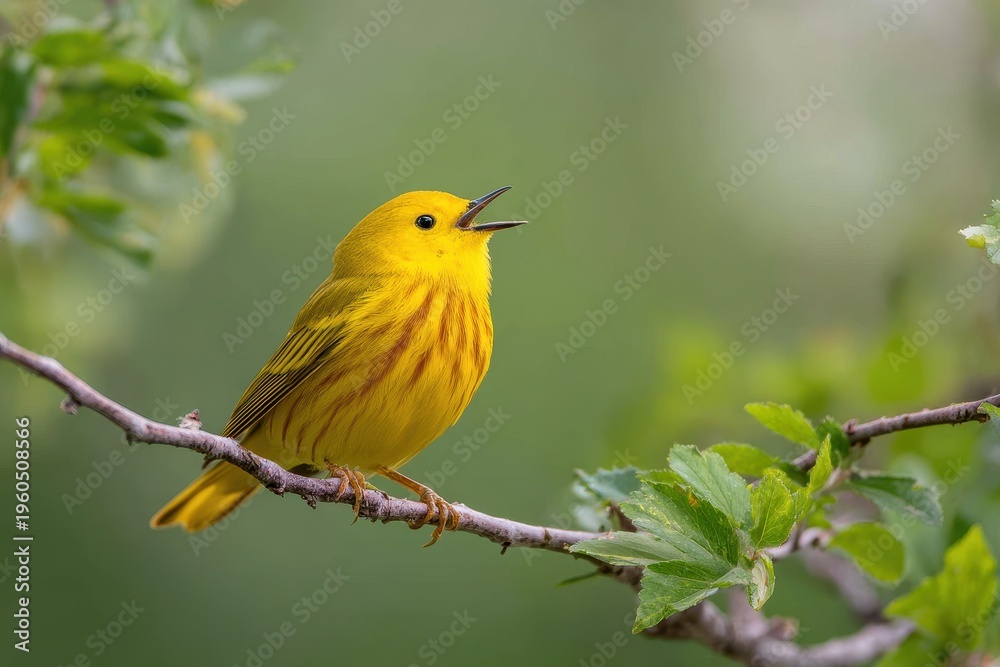 Obraz premium Yellow Warbler Singing on a Sunlit Branch in a Spring Woodland