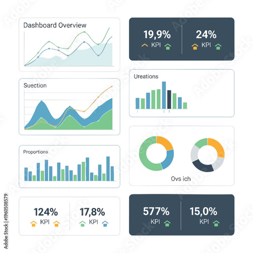 Diverse data visualizations show growth and analysis with various charts and KPIs