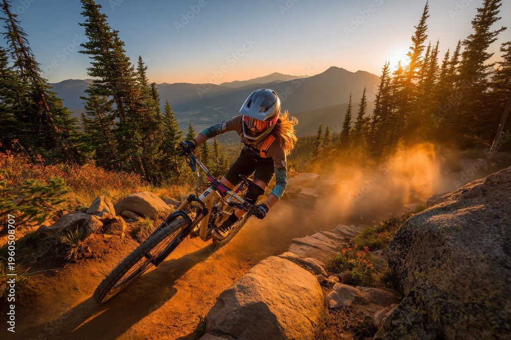 Obraz premium Young woman on a mountain bike descending a rugged forest trail
