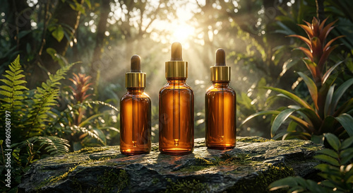 Amber glass dropper bottles on mossy rock in sunlit forest perfect for organic skincare concept and natural essential oil wellness product
