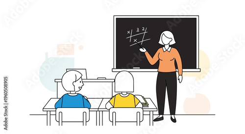 Teacher Instructing Students in Classroom with Tic-Tac-Toe Game on Blackboard