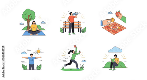 Healthy Lifestyle Flat Illustrations: Yoga, Exercise, Reading, Hydration, Puzzle, Outdoors