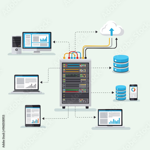 Central server connects multiple devices, databases, and cloud storage via cables