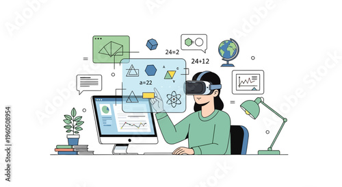Student using VR headset for virtual learning and math education, futuristic technology
