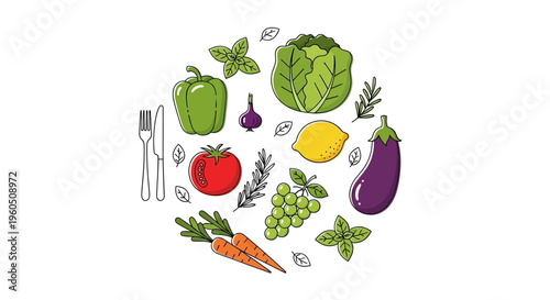 Fresh Vegetables and Fruits Arranged in Circle with Cutlery - Healthy Food Illustration