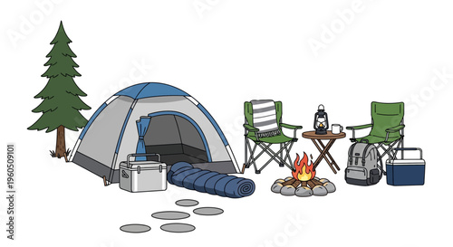 Camping scene with tent, campfire, chairs, cooler, backpack, and lantern