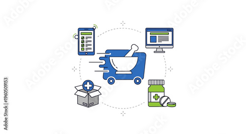 Online Pharmacy Delivery Service: Mortar & Pestle Cart, Medicine, Phone, Computer Icons