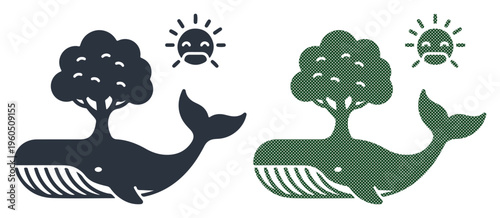 Whale carrying a tree and sun, symbolizing harmony between nature and ocean life.
