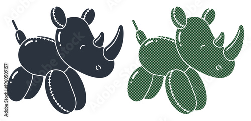 Two cheerful balloon animal rhinos, one dark blue, one green, on a white background.