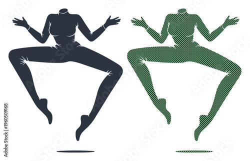Two headless figures in dynamic poses, symbolizing movement, balance, and duality