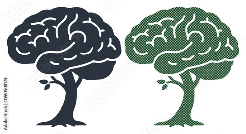 Two stylized trees shaped like human brains, symbolizing growth and knowledge