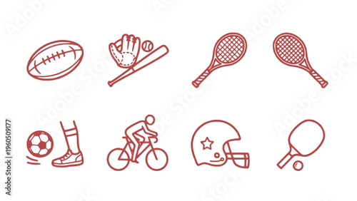 Set of sports gear icons in simple and consistent outline design.