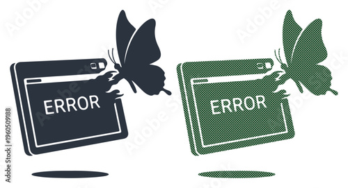 Butterflies escaping from error messages symbolize system freedom and problem resolution.