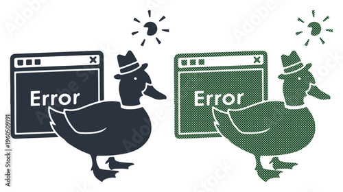 Dapper ducks wearing hats express digital error messages on computer screens.
