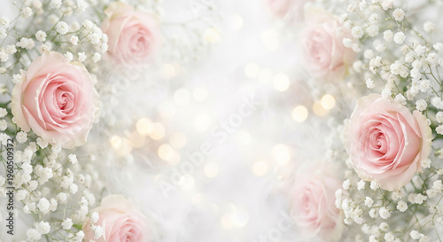 Soft pink roses and white blooms in sparkling light perfect for romantic wedding invitation concept and gentle elegant anniversary greeting