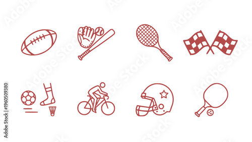 Simple outline icons of sports equipment and accessories.