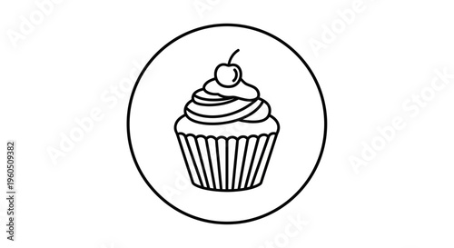 Simple line art icon of a cupcake with cherry on top inside a circle