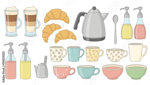 Collection of breakfast and beverage items including coffee cups, croissants, kettles, and dispensers