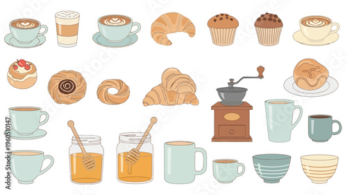Collection of assorted pastries, baked goods, coffee, and breakfast items displayed on a white background