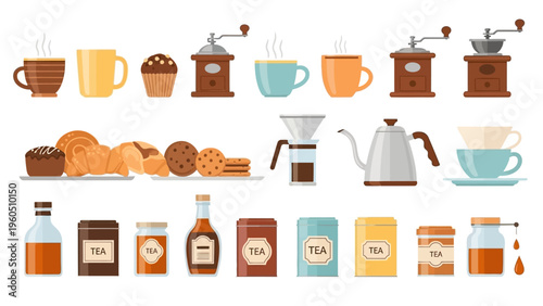 Collection of coffee, tea, pastries, and jars with jam and syrup, illustrated in flat design style