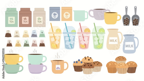 Set of various beverages and baked goods including coffee, tea, and muffins