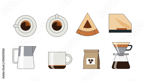 Coffee Making Elements Pour Over Coffee Maker, Mug, Kettle, Beans, and Pastry Icons