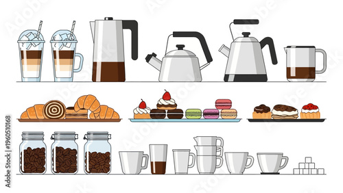 Collection of hot beverages, pastries, and kitchenware on a white background
