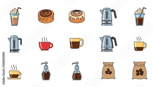 Collection of hot beverages, sweets, and kitchen appliances for coffee and tea lovers