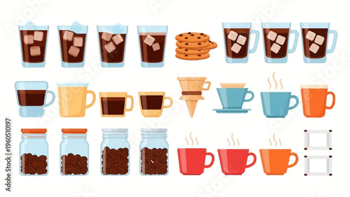 Collection of coffee drinks and ingredients, perfect for cafe menus, ads, or websites